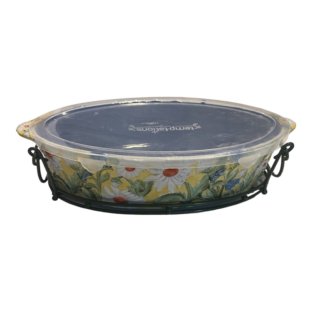 Large Temp-Tations Figural Floral 3Qt Casserole Dish Oval Baker Lid And Rack